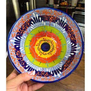 Hand-Painted Ceramic Bowl From Spain With Vibrant Blue Orange & Yellow Patterns